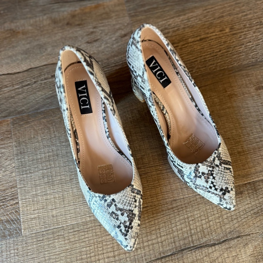 Vici Jasmin Snakeskin Multi Pointed Toe Heels